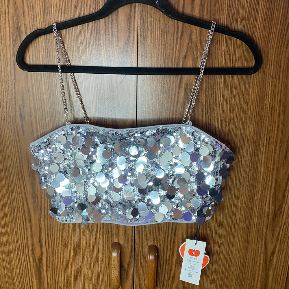 Cider Sequin Crop Top Womens Small Silver Chain Strap Back Zip Party Glam